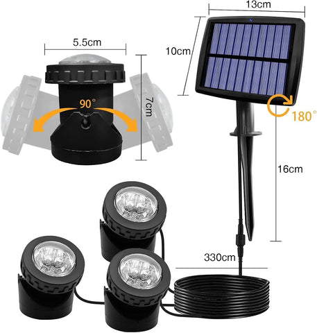 AVEKI Solar Pond Lights Set of 3 – Waterproof Solar Underwater LED Spotlights with 18 LEDs, Automatic Night Lighting & Adjustable Heads for Ponds, Gardens, Patios & Water Features