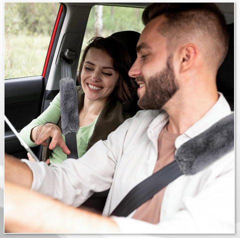 4PCS Grey Faux Fur Car Seat Belt Pads Cover – Soft Shoulder Strap Protectors for Kids and Adults, Universal Fit Comfort Set