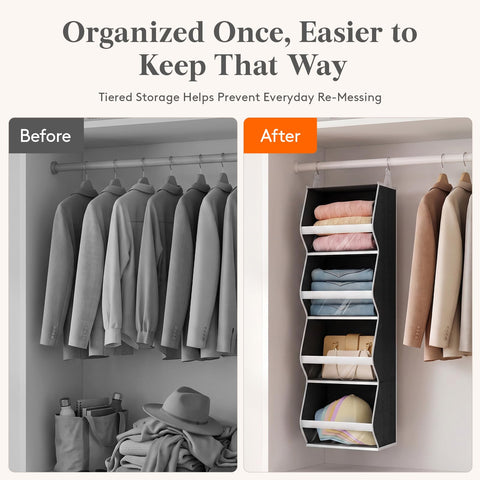 Lifewit 4-Tier Hanging Wardrobe Storage Organiser – Grey Foldable Closet Shelves with Clear PVC Window