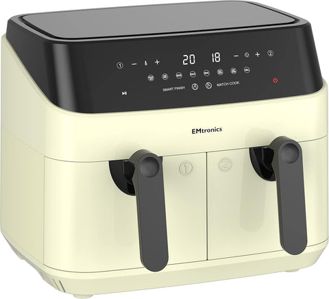 Dual Air Fryer 9L Extra Large Family Size – Double Drawer, 8 Preset Menus, Oil-Free Low Fat Cooking, 99-Min Timer, Cream Finish
