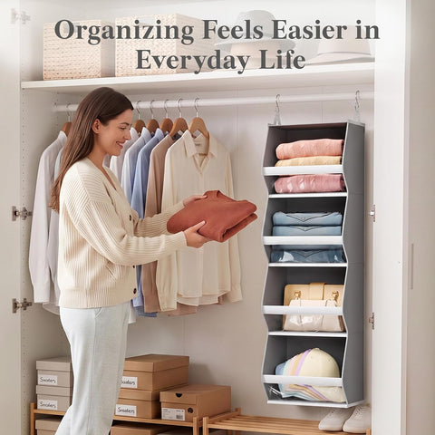 Lifewit 4-Tier Hanging Wardrobe Storage Organiser – Grey Foldable Closet Shelves with Clear PVC Window