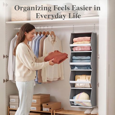 Lifewit 4-Tier Hanging Wardrobe Storage Organiser – Grey Foldable Closet Shelves with Clear PVC Window