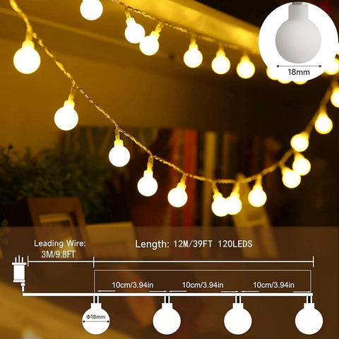 Globe String Lights 120LED Warm White 15M Fairy Lights with Remote