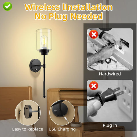 Battery Operated Wall Sconces Set of 2 – Wireless Rechargeable LED Lights Black
