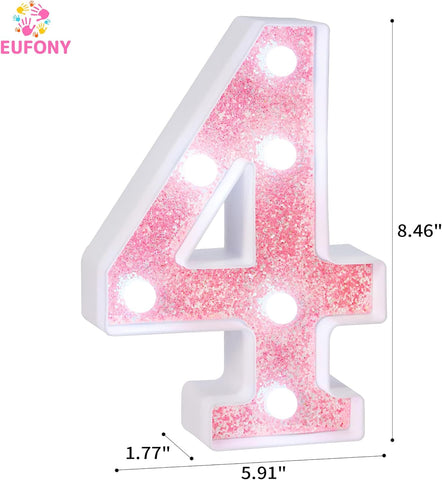 Pink Glitter Marquee Light Up Numbers, LED Number Lights Battery Operated for Girls 4th 14th Pink Birthday Party Table Decorations, Wall Decor for Girls Bedroom, Number 4 Sign Cool White Lights