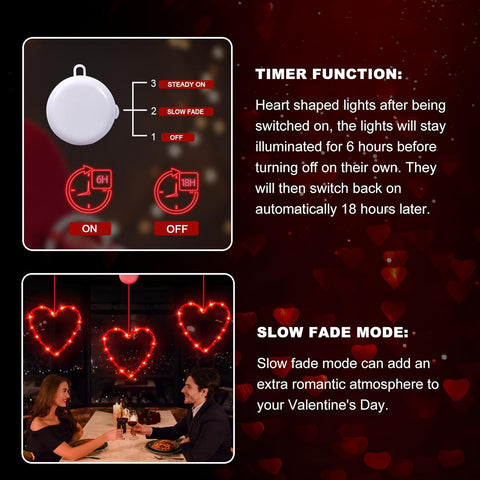 3 Pack Valentine Heart Window Lights with Timer – Battery Powered Red LED Hanging Decor