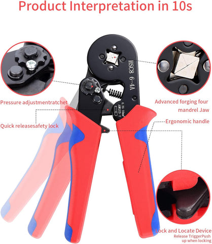 Hibisaws Ferrule Crimping Tool Kit Self-Adjustable Ratchet Bootlace Crimper Plier Set with 1250 Wire End Ferrule Connectors Multi Colour
