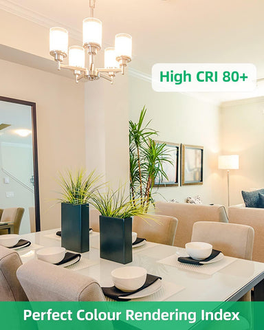 Modern dining room with a chandelier and 'High CRI 80+' text.