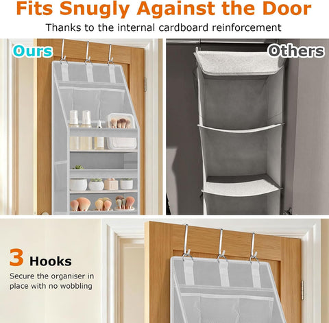 WEIQITAI 6-Tier Over the Door Organiser, Grey Hanging Storage with 6 Clear Front Pockets, 10 Mesh Side Pockets and 3 Metal Hooks