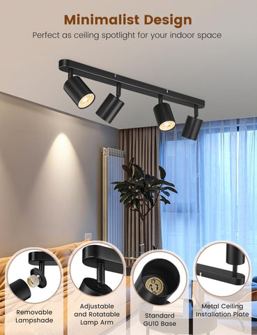 Ceiling spotlight with adjustable lamp arm and removable lampshade in a room setting.