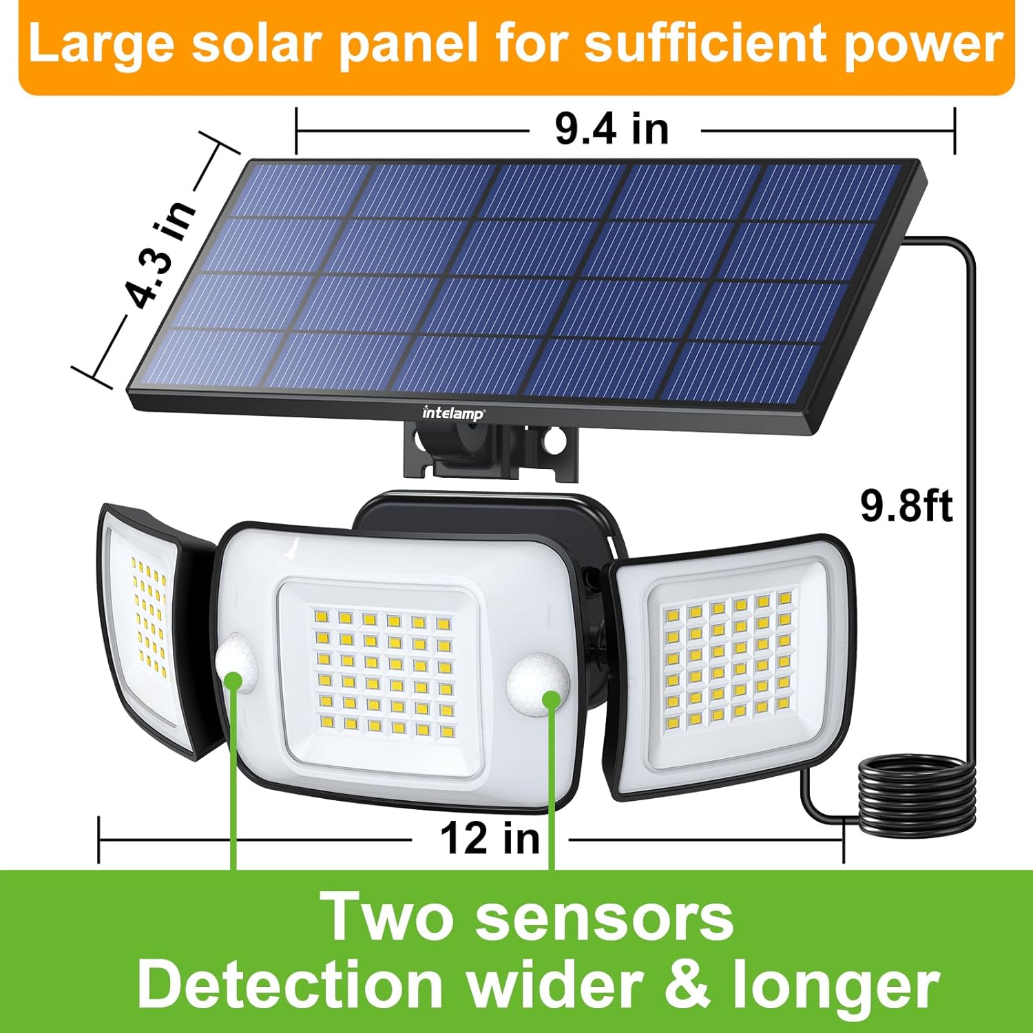 Solar panel with floodlights and measurements on a white background