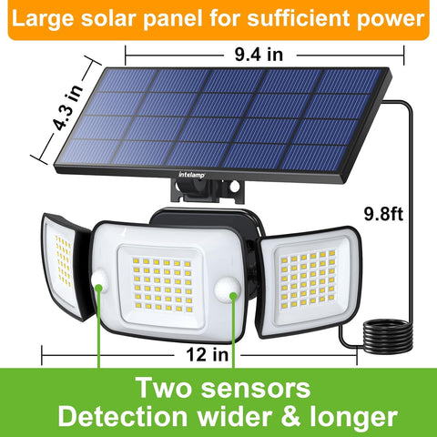 Solar panel with floodlights and measurements on a white background