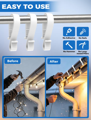 60 Pack Gutter Hooks for Outdoor Lights – S Clips for Hanging Christmas & Fairy Lights on Gutters – Make Festive Lighting Easier to Hang and Easier to Enjoy