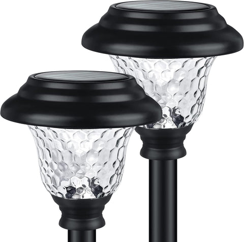 Balhvit Glass Solar Lights Outdoor, 2 Pack Super Bright Solar Pathway Lights, Up to 12 Hrs Long Last Auto On/Off Garden Lights Solar Powered Waterproof, Stainless Steel LED Landscape Lighting for Yard