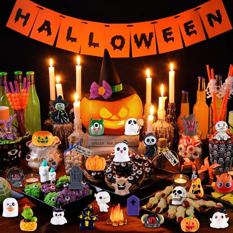 50PCS Halloween Mini Resin Figurines – 50 Styles of Tiny Pumpkin, Ghost, Skull & Skeleton Decorations for DIY Crafts, Miniature Gardens & Party Décor