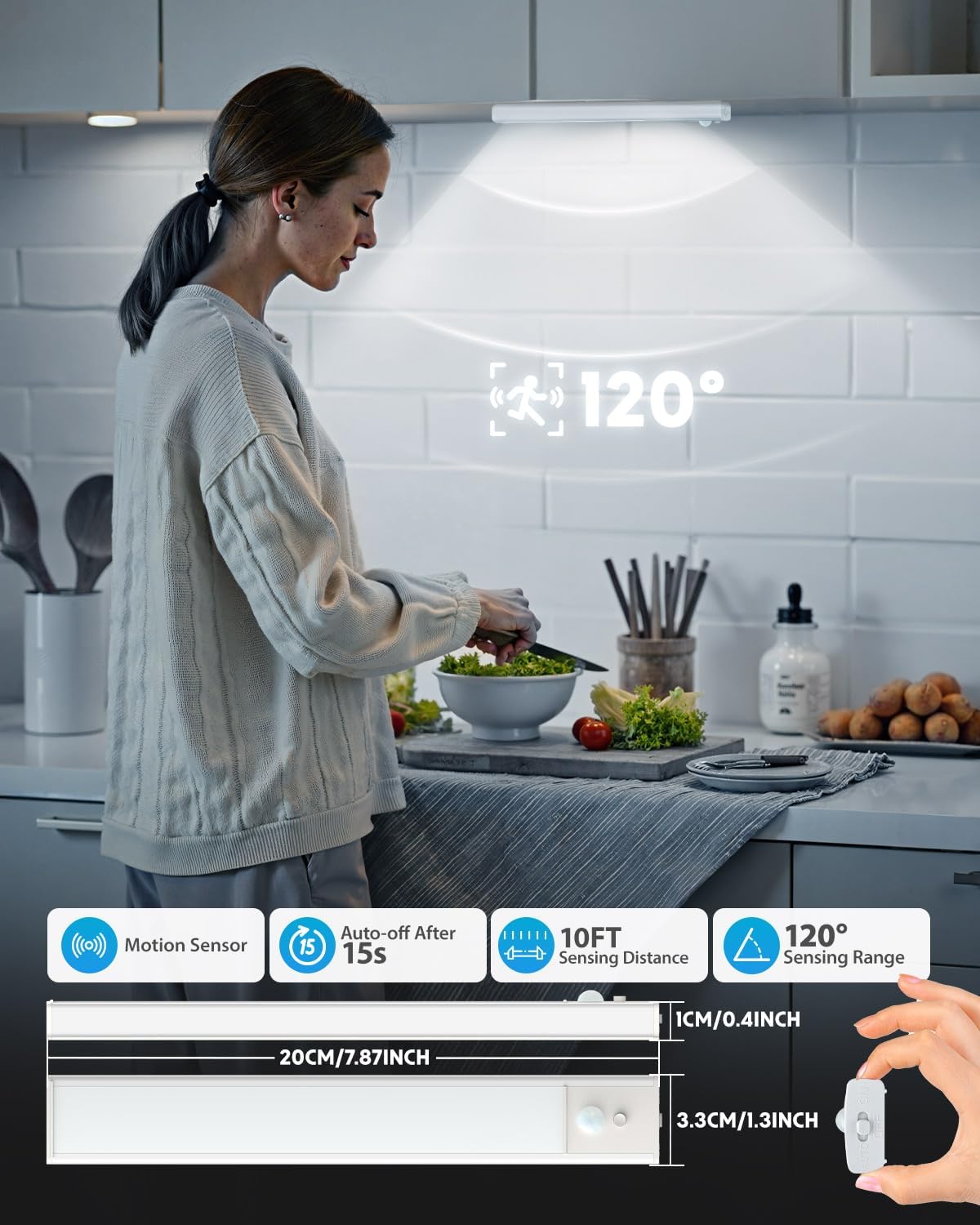Woman preparing food in a kitchen with a motion sensor light above her head.