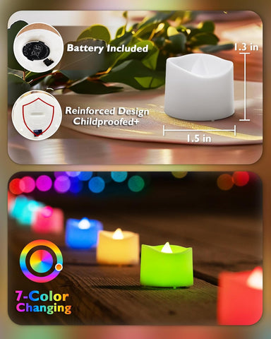 24 Pack 7-Color Changing LED Flameless Tea Lights, Battery Operated Flickering Candles for Party & Festival Décor