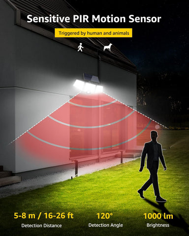 Outdoor security light with motion sensor detection diagram and specifications.