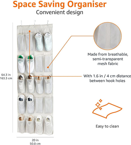 Basics Over Door Shoe Organiser, 20-Pocket Hanging Shoe Storage Rack, Grayish Tan Breathable Mesh with 3 Metal Hooks, Space-Saving Door Storage for Home