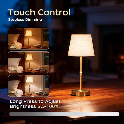 Cordless Rechargeable Table Lamp 3000K LED Gold – USB-C Touch Dimmable Battery Table Lamp for Bedside, Dining & Home Lighting