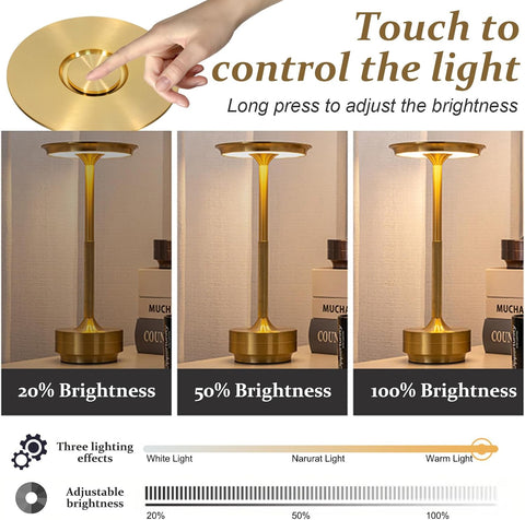 Rechargeable Gold Table Lamp, 5200mAh Cordless Touch Dimmable LED Lamp with 3 Colour Temperatures, USB-C Rechargeable, IPX4 Splash-Resistant for Bedroom, Dining Table & Covered Patio