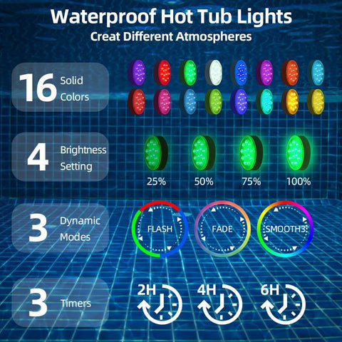 Rechargeable Submersible Pool Lights 2 Pack – IP68 Waterproof LED Underwater Lights with Remote, 16 Colour Changing Modes & Timer for Pools, Hot Tubs, Ponds & Aquariums
