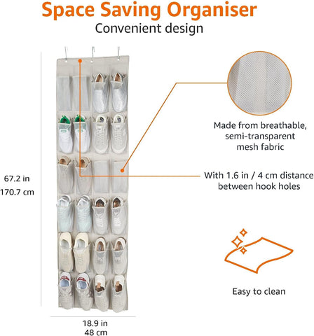 Amazon Basics 24-Pocket Over Door Shoe Organiser, Light Grey Mesh Hanging Storage Rack for 12 Pairs of Larger Shoes, Space-Saving Door-Mounted Storage