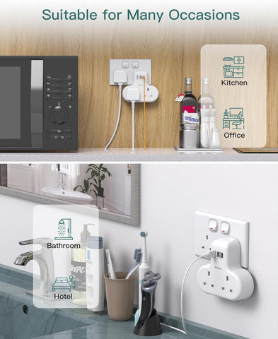 Addtam Double Plug Adaptor with 3 USB Ports (2 USB-C), 2-Way Multi Plug Extension Socket – Keep Your Everyday Charging Neat, Simple and Within Reach