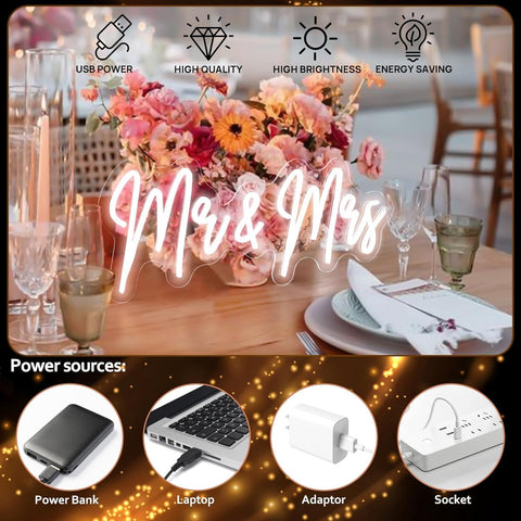 Mr and Mrs 20-Inch LED Neon Wedding Sign, Adjustable Brightness, Modern Decorative Light for Engagement, Bridal Shower, Anniversary, Hen Party and Wedding Reception Decor