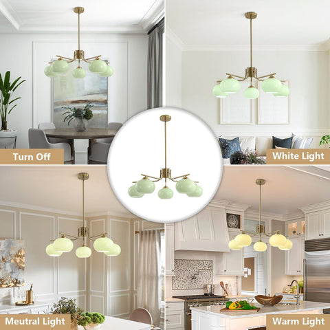 Chandelier with green glass shades in various light settings in a home setting.