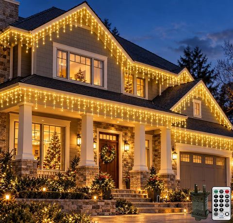 Icicle Lights Outdoor Plug In 30M 540 LED Warm White – Waterproof Curtain Lights with 8 Modes & Timer for Roof Eaves, Gutters & Windows - Turn Empty Edges Into Evening Magic