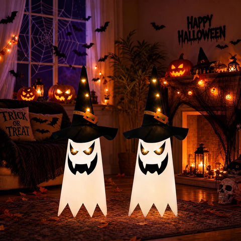 Mepham Halloween Hanging Light Up Ghost Decorations with Wizard Hats – 3 Light Modes for Indoor & Outdoor Garden, Door & Porch Displays