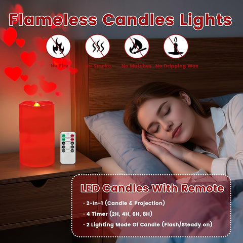 Flameless LED Candle Lights with Romantic Heart Projection, Remote Control & Timer for Valentine’s Day Décor and Special Occasions