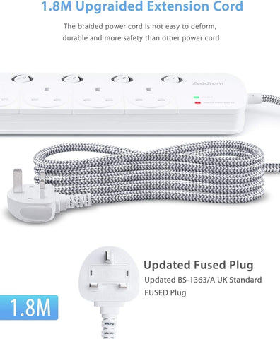 1.8M 4 Way Extension Lead with 4 USB Ports (2 USB-C) – Surge Protection & Individual Switches for a Tidier Home and Workspace