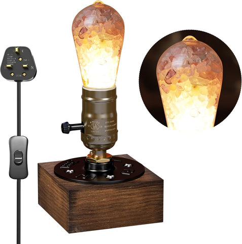 Lustaled Vintage Industrial Table Lamp with Wooden Base & Crystal-Filled E27 LED Bulb – 5W 3000K Warm White Bedside Lamp with 1.8m Cable for Bedroom, Desk & Living Room