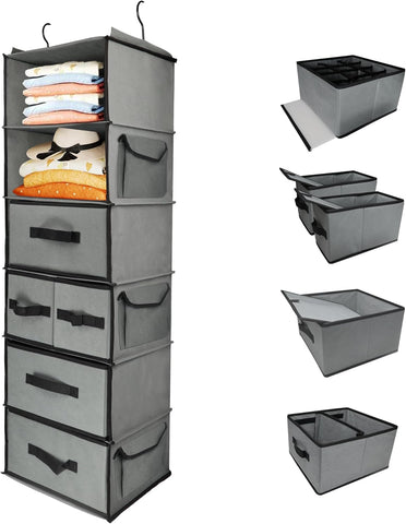 6-Tier Hanging Wardrobe Organiser with 5 Removable Drawers & 3 Side Pockets – Heavy-Duty Fabric Storage Shelves