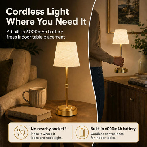 Rechargeable Cordless Table Lamp, 6000mAh Dimmable LED Bedside Lamp, Gold Metal & Linen Shade, 3000K Warm White