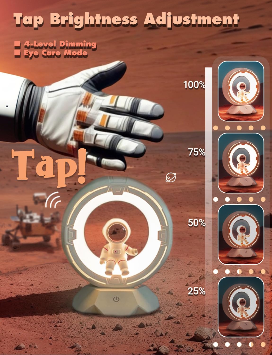 Glove interacting with a lamp on Mars, with brightness adjustment options displayed.
