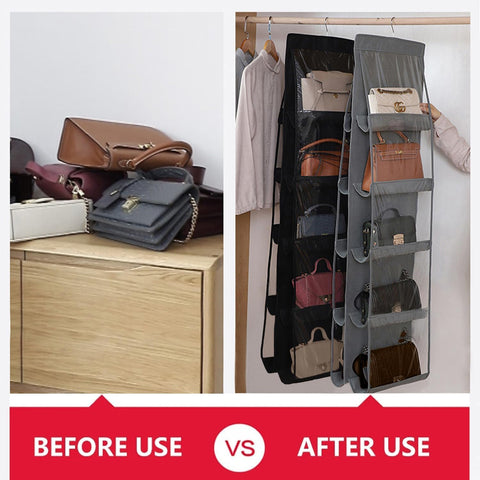 CJWLKJ 10-Pocket Hanging Handbag Organiser – Grey Clear Storage Holder for Wardrobes and Closets