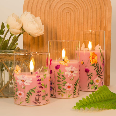 Pink Floral Glass Flameless Candles with Remote & Timer, Flickering Battery Operated LED Pillar Candles Set of 3