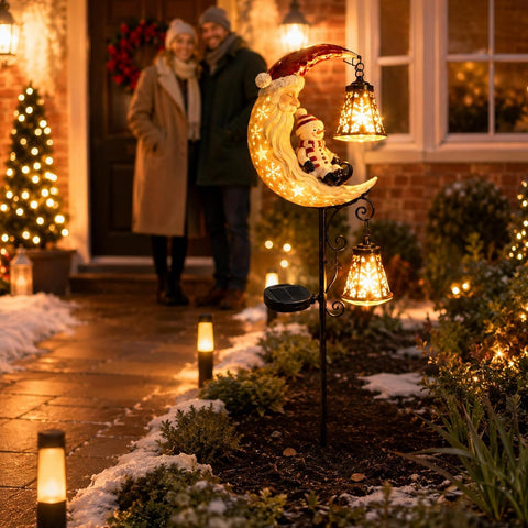 Solar Powered Christmas Moon Garden Stake Light, Metal Outdoor Decorative Pathway Lighting, Waterproof Holiday Landscape Lamp for Patio Lawn Yard Walkway Decoration，2PCS