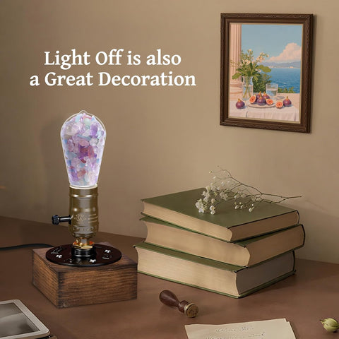 Lustaled Vintage Industrial Table Lamp with Wooden Base & Crystal-Filled E27 LED Bulb – 5W 3000K Warm White Bedside Lamp with 1.8m Cable for Bedroom, Desk & Living Room