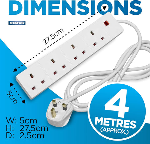 STATUS 4 Way Socket Extension Lead 4m – White 13A Extension Socket with Neon Power Indicator for Home & Office – More Reach, Less Plug-Swapping
