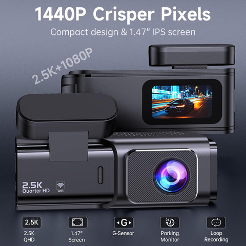 Dash Cam Front & Rear 2.5K+1080P Black, Dual Car Camera with WiFi