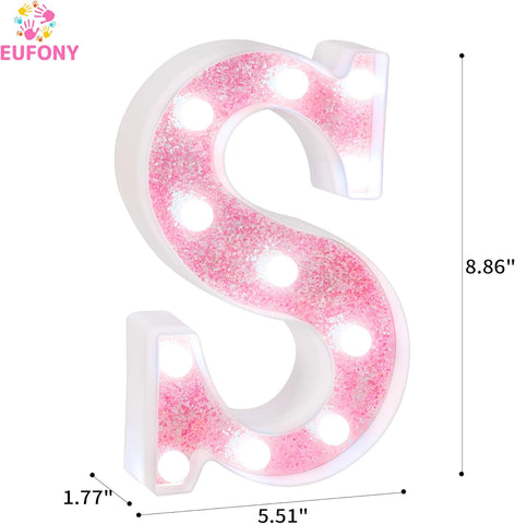 Pink Glitter Marquee Light Up Letters, Battery Operated LED Letter Lights Signs for Pink Birthday Party Table Decorations, Wall Decor for Girls Bedroom, Initial Letter S with Cool White Lights