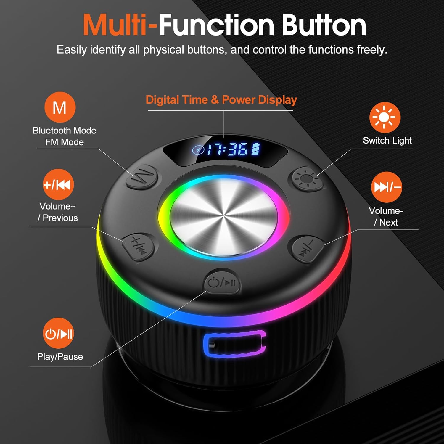 Multifunctional button control with digital display and RGB lighting on a black background