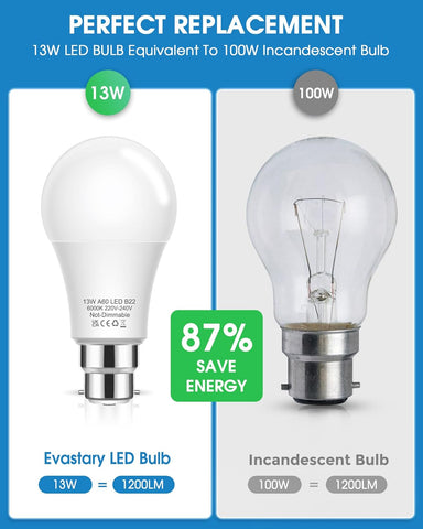 EvaStary 100W Bayonet Light Bulbs, 13W B22 LED Bayonet Bulbs Daylight White 6000K, BC A60 GLS Frosted Energy Saving Light Bulbs Bayonet, Non-dimmable, 4 Pack [Energy Class F]