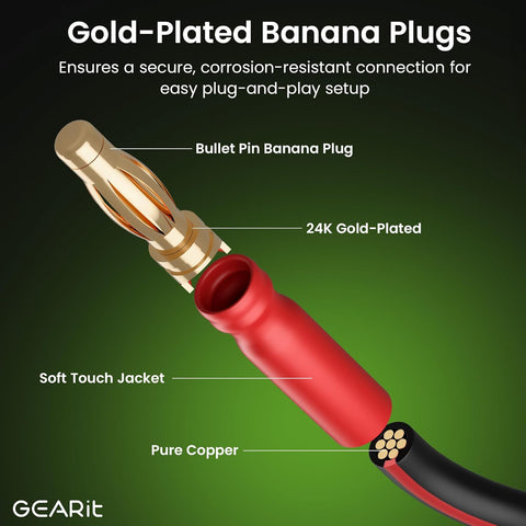 GearIT 14 AWG Speaker Cable with Banana Plugs (2 Pack, 6.6 Feet - 2 Meter) - 14Ga Gauge Banana Wire for Bi-Wire Bi-Amp HiFi Surround Sound - 99.9% OFC Copper, Gold Plated Tips - Black