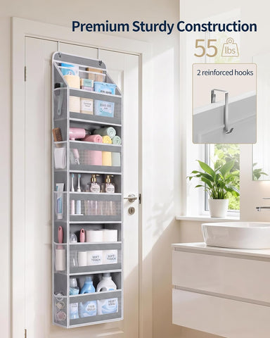 Yecaye 5-Tier Over Door Storage Organiser, Grey – Hanging Shelves with Mesh Windows for Space-Saving Home Organisation