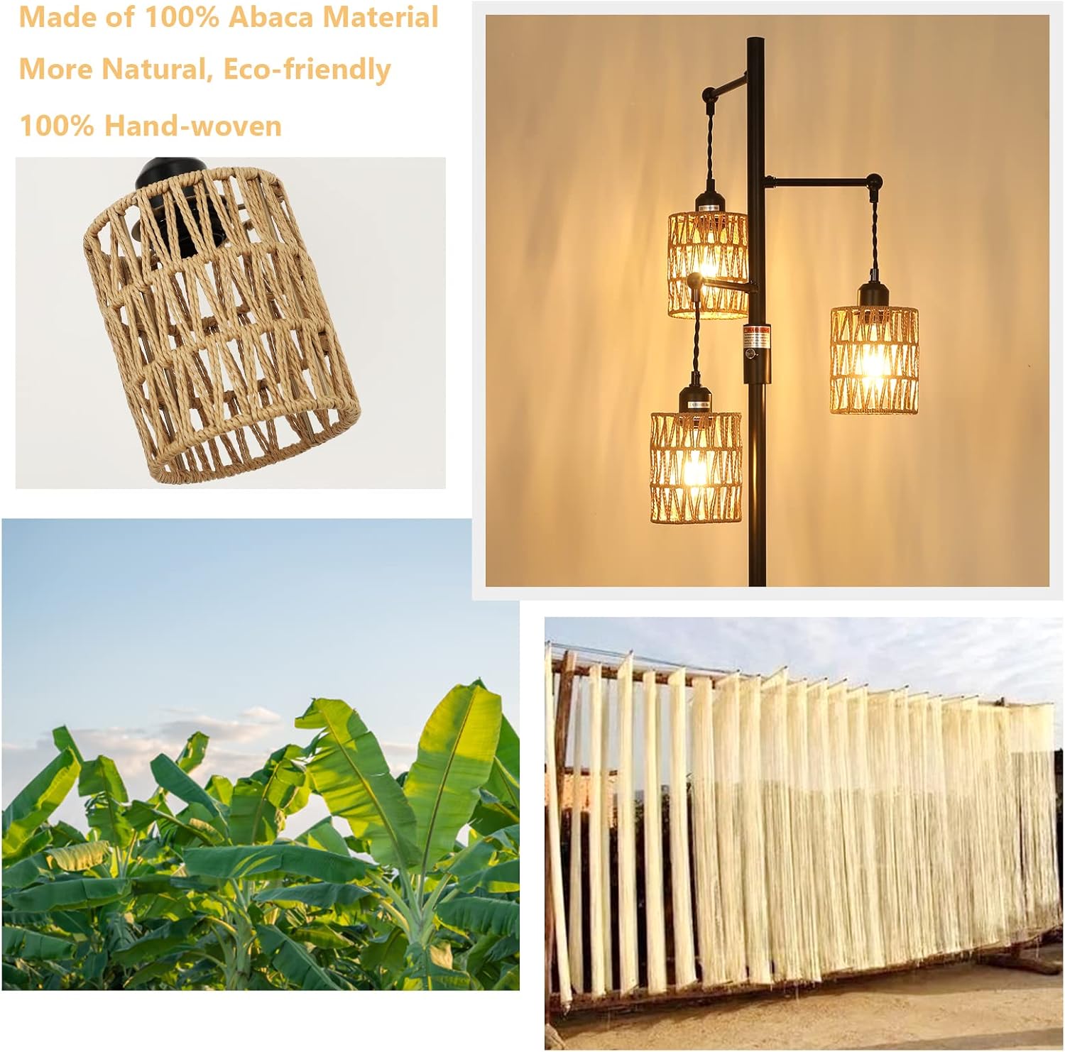 Collage of a bamboo lamp, banana plantation, and bamboo curtain with text about abaca material.